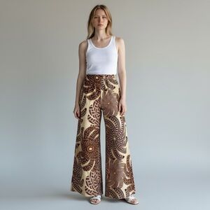 House of Harlow 1960 Wide Leg Palazzo Printed Pants Boho Retro Brown/Tan Medium